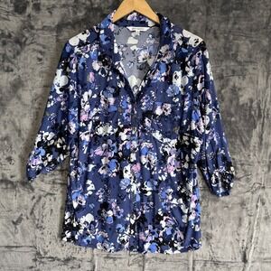 Emily Daniels Women's Collared Sequin Button Shirt Pockets Stretch Floral Purple